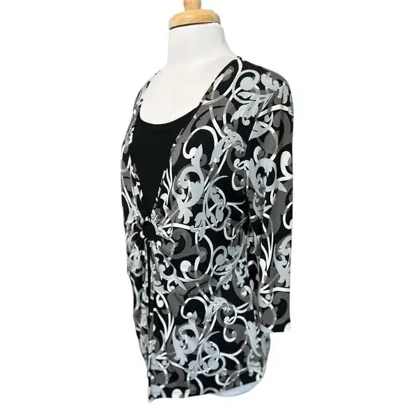 JM Collection Vtg Y2K Cinched Layered Look Black Gray Blue Top Blouse M - Picture 3 of 5